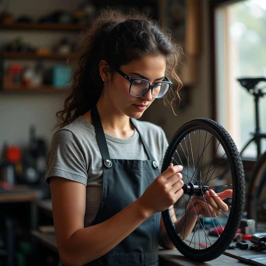 Persona giovane che studia i componenti di una bicicletta da corsa