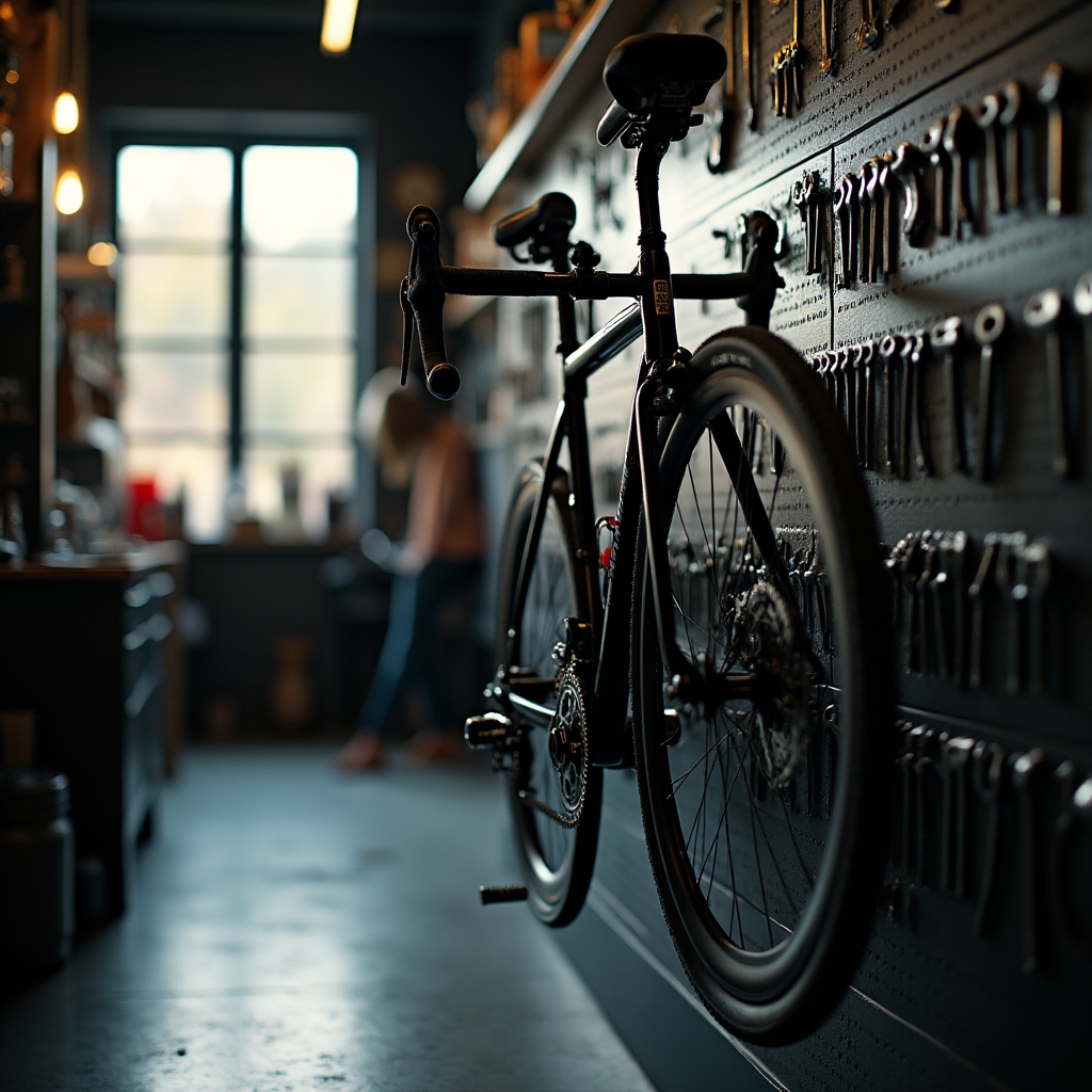 Meccanico al lavoro su una bicicletta da corsa in officina