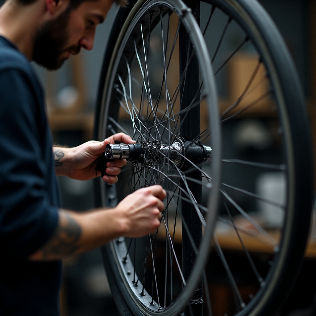 Tecnico che centra una ruota da bicicletta usando il centrarota