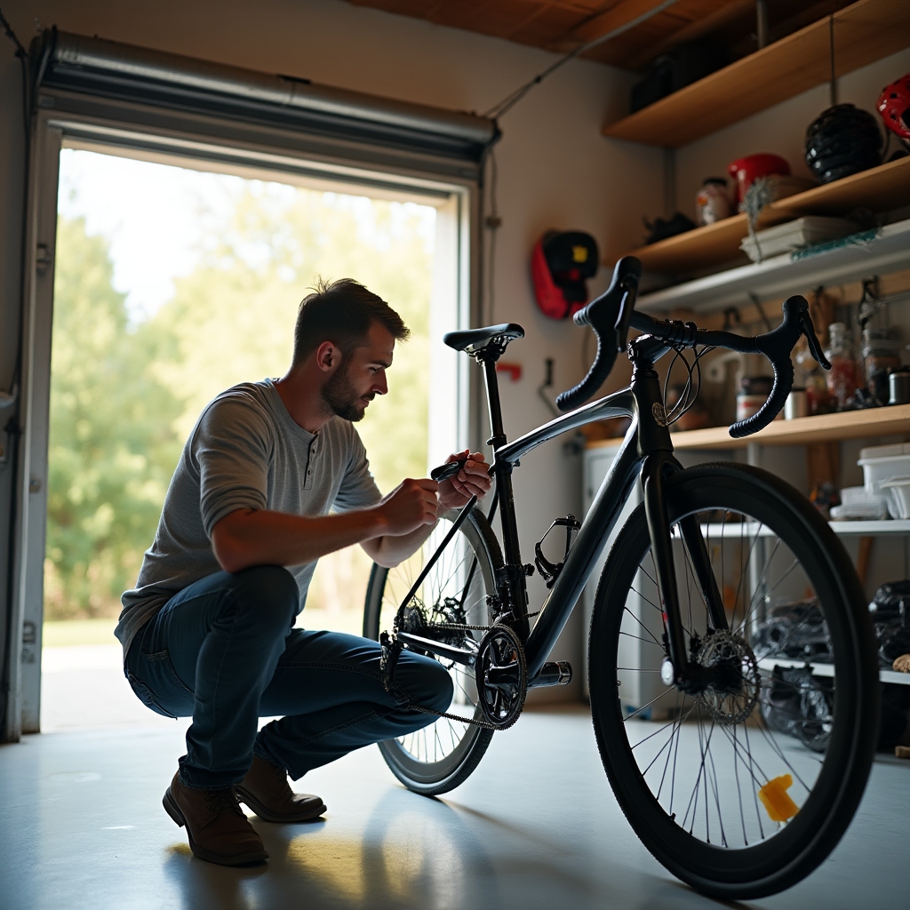 Ciclista adulto che esegue manutenzione sulla propria bicicletta in garage