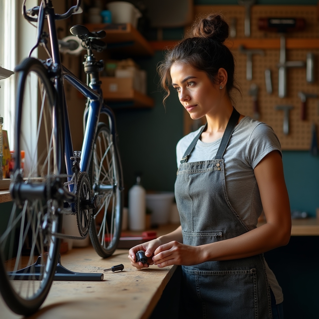 Giovane meccanico che lavora autonomamente in una piccola officina ciclistica